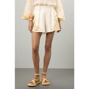 RTR Kate Ford Noaea Dream Cream Floral Print High Rise Pleated Linen Shorts Sz 1